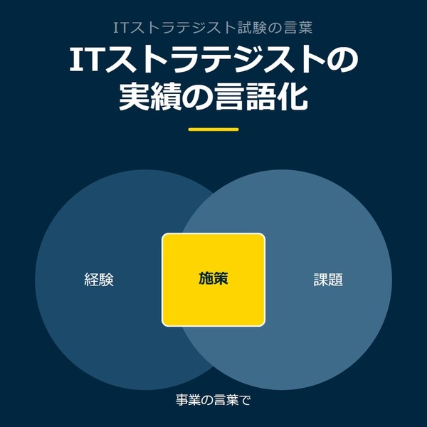 「ITストラテジストの実績の言語化」を示す図です。経験／課題／施策／評価を並べています。強調しているのは評価です。事業の言葉でと添えています。