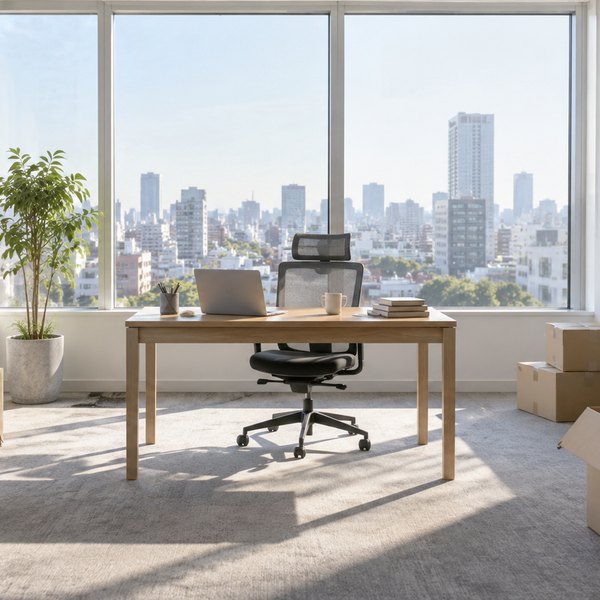 段ボール箱が残る開業したての小さな仕事場に、新しい机とノートパソコンが置かれた写真です。創業して間もない個人事業主の事務所を表しています。