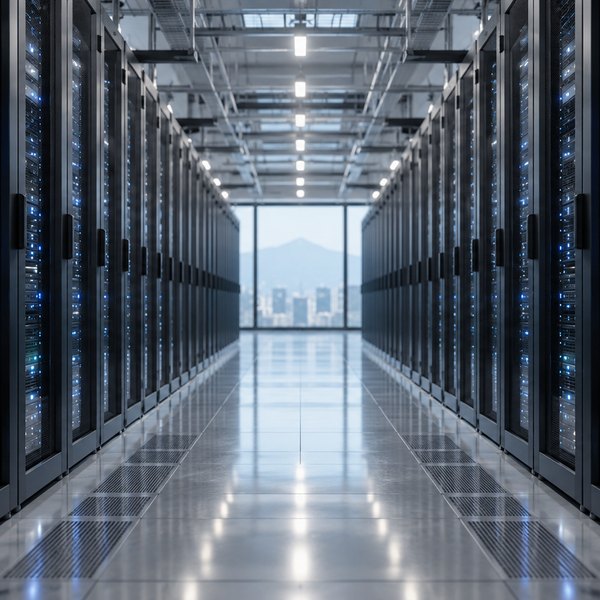 青い光が並ぶデータセンターの通路と、左右に続くサーバーラックの写真です。クラウドでデータを預かる仕組みを表しています。