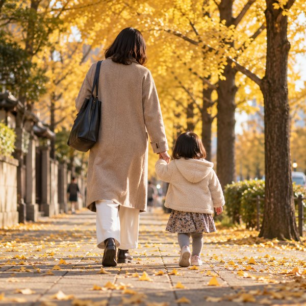 紅葉した並木道で、大人と小さな子どもが手をつないで歩く後ろ姿の写真です。子どもを保育園に通わせる家庭の日常を表しています。