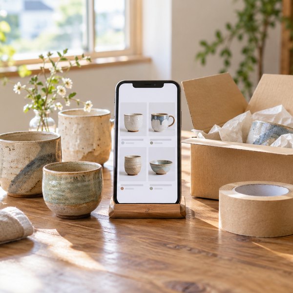 スタンドに立てたスマートフォンにネットショップの画面が映り、手作りの商品と発送用の箱が並んだ写真です。個人でネット販売をする場面を表しています。