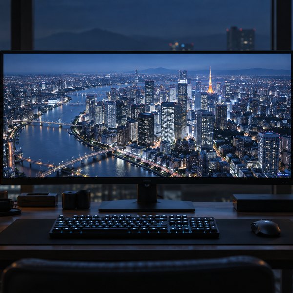 暗めの作業部屋で、大きなモニターに高層ビルが並ぶ3D都市モデルが映っている写真です。3Dの街並みを開発する場面を表しています。